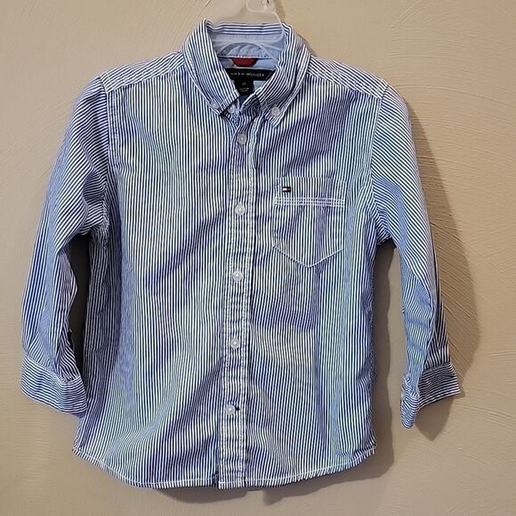TOMMY HILFIGER BLUE AND WHITE PINSTRIPED DRESS SHIRT, SIZE 3T - Picture 1 of 6